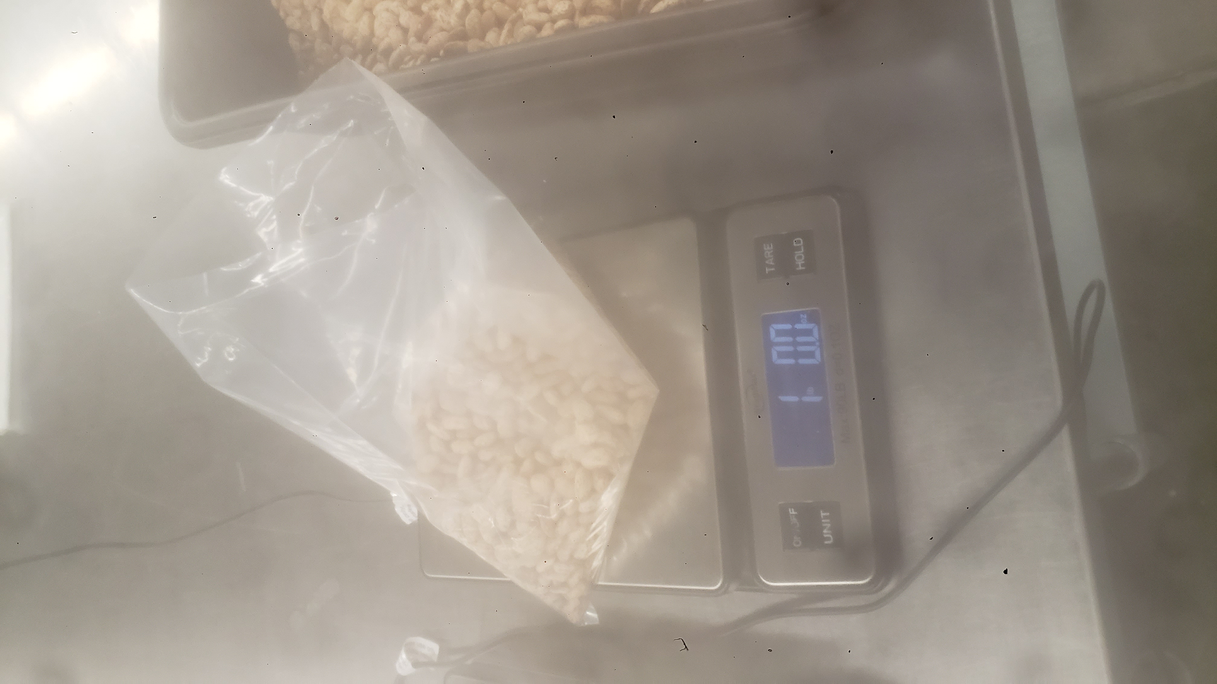Bag of pinto beans on a weighted scale that read a pound next to plastic tub of pinto beans.